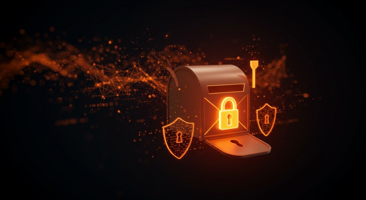 Privacidad en Gmail protegida con bloqueo digital y metáforas visuales de IA y seguridad de datos en un entorno tecnológico.