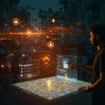 Interfaz futurista de Google Maps con tecnología Gemini mostrando navegación segura en un entorno urbano de India, destacando innovaciones en IA aplicada y seguridad vial.