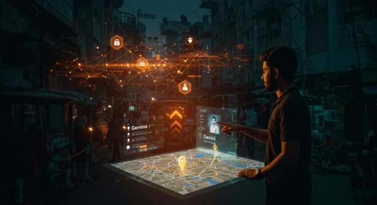 Interfaz futurista de Google Maps con tecnología Gemini mostrando navegación segura en un entorno urbano de India, destacando innovaciones en IA aplicada y seguridad vial.