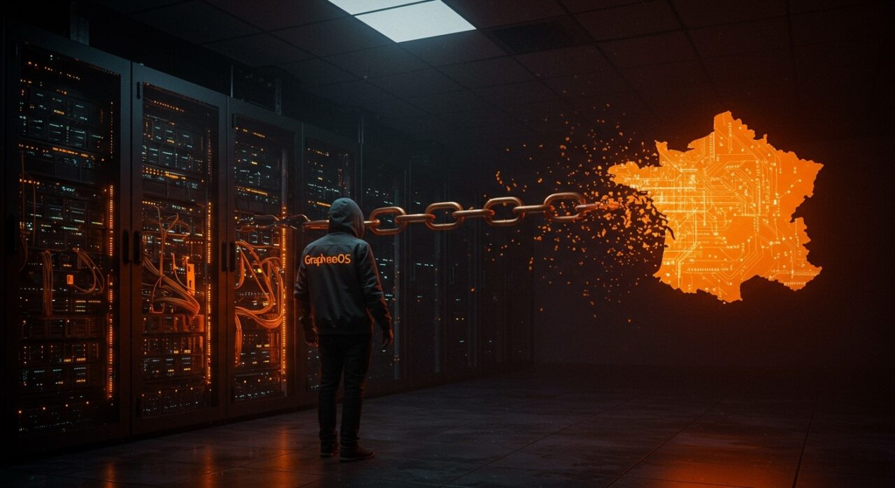 Infraestructura de GrapheneOS retirándose de Francia simbolizando privacidad y seguridad ante presiones legales y regulaciones.