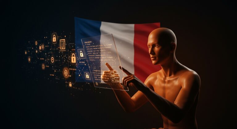 Interfaz digital con símbolos de privacidad y open source, reflejando el desafío de la regulación tecnológica en Francia para GrapheneOS.