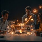 Grupo de emprendedores colaborando en propuestas tecnológicas y fintech, simbolizando optimismo y demandas para el balotaje 2025 en el ecosistema startup.