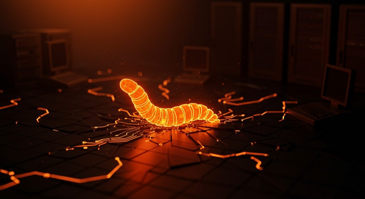 Representación visual del gusano Morris y su impacto en la ciberseguridad de la Internet usando paleta naranja y negro.