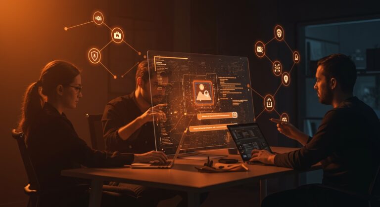 Equipo tecnológico trabajando con motor de búsqueda de imágenes IA que combina autoalojamiento y privacidad en startups.