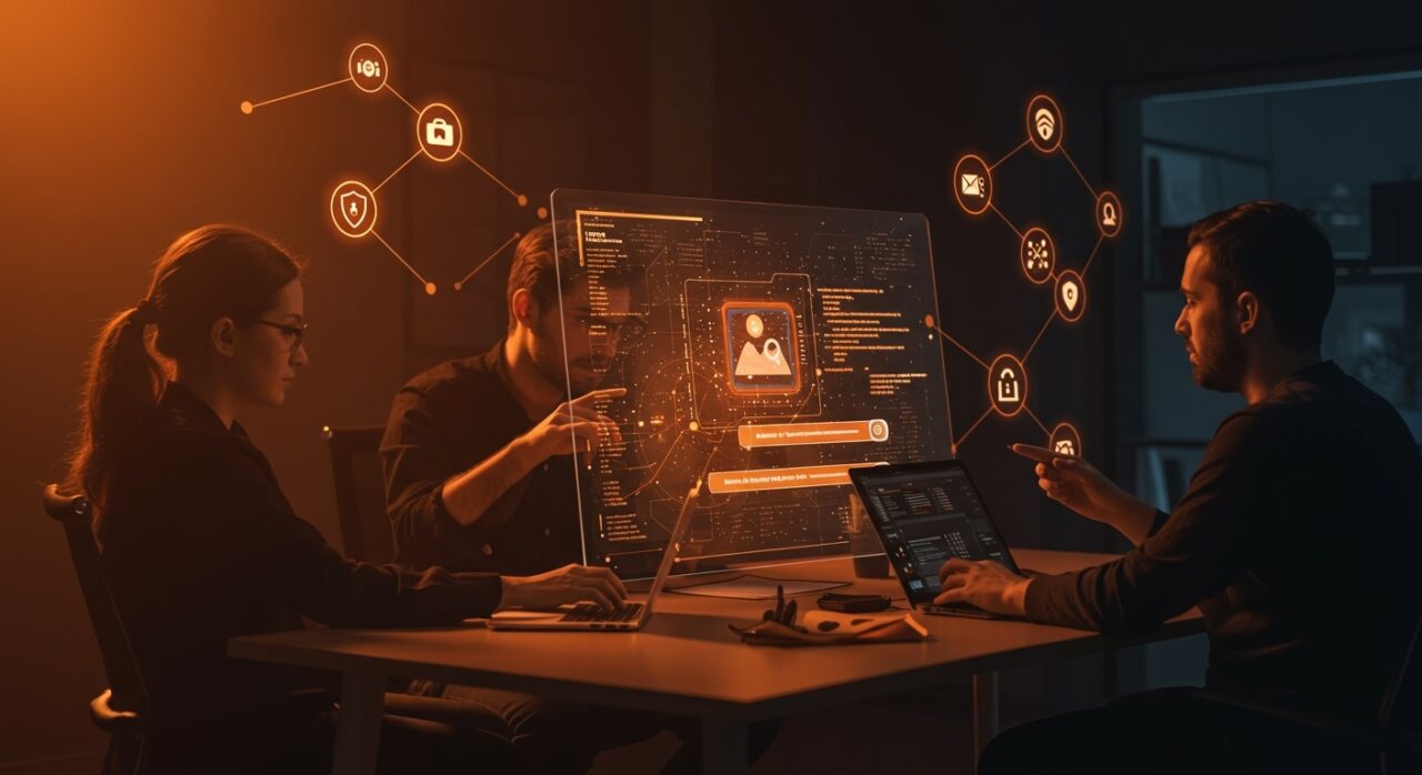 Equipo tecnológico trabajando con motor de búsqueda de imágenes IA que combina autoalojamiento y privacidad en startups.