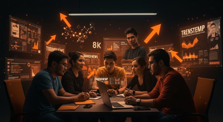 Founders hispanos analizando titulares y tendencias tech en un entorno digital inspirado en Hacker News comprendiendo el ecosistema startup.