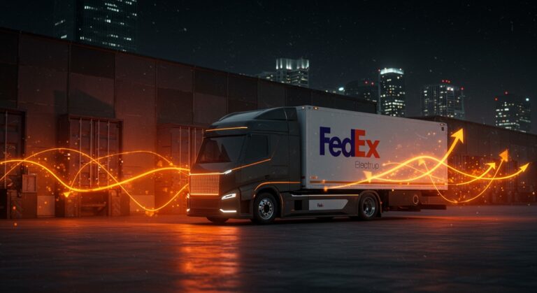 Camión eléctrico de FedEx impulsado por inversión de Harbinger para logística sostenible y movilidad eléctrica.