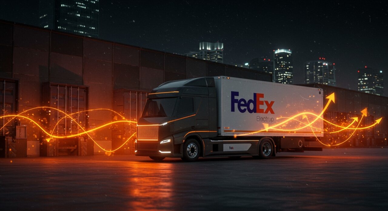 Camión eléctrico de FedEx impulsado por inversión de Harbinger para logística sostenible y movilidad eléctrica.
