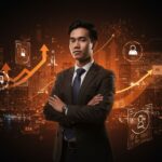 Joven abogado frente a un paisaje digital de Silicon Valley, con interfaces holográficas de IA legal, simbolizando la innovación y crecimiento de startups.