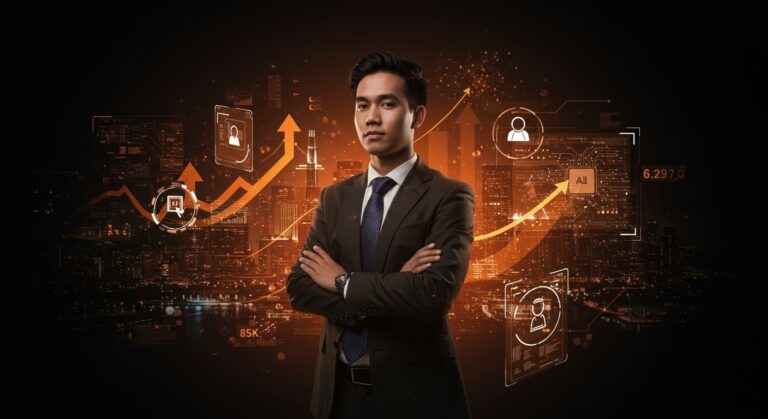 Joven abogado frente a un paisaje digital de Silicon Valley, con interfaces holográficas de IA legal, simbolizando la innovación y crecimiento de startups.