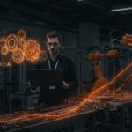 Líder de manufactura en startup de hardware en ambiente YC supervisando línea de robótica autónoma con enfoque en liderazgo y logística.