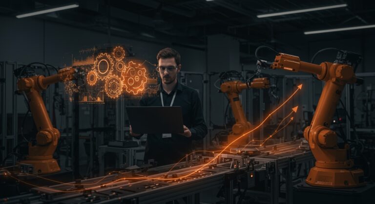 Líder de manufactura en startup de hardware en ambiente YC supervisando línea de robótica autónoma con enfoque en liderazgo y logística.