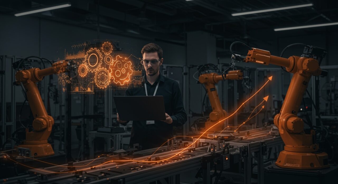 Líder de manufactura en startup de hardware en ambiente YC supervisando línea de robótica autónoma con enfoque en liderazgo y logística.