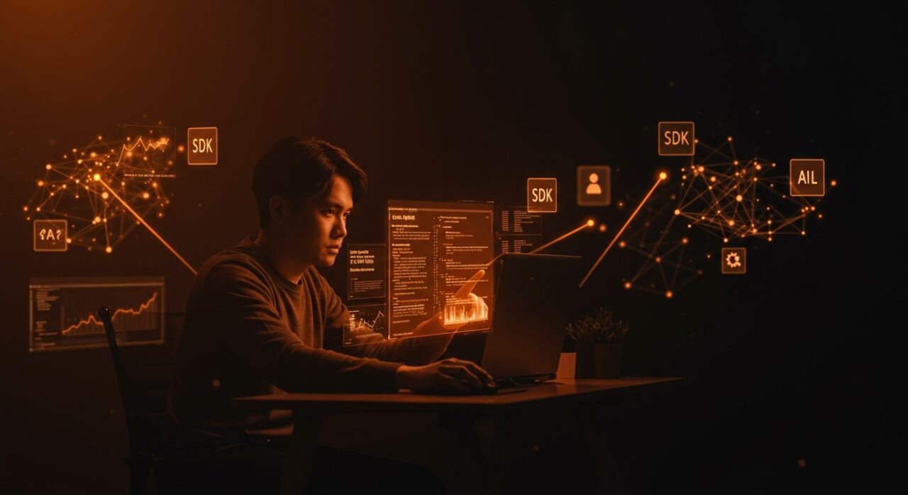 Desarrollador usando SDK para autocompletar prompts de IA, optimizando productividad en aplicaciones tecnológicas.