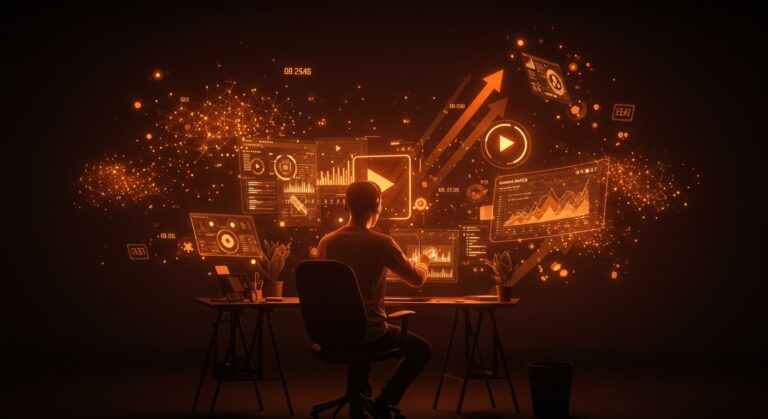 Herramienta de IA para creadores de video mostrando ideación y analíticas avanzadas en un entorno tecnológico innovador.