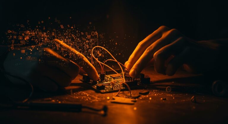 Manos ensamblando un prototipo de placa electrónica de hardware abierto, representando la historia y controversias de Arduino y la innovación tecnológica open source.