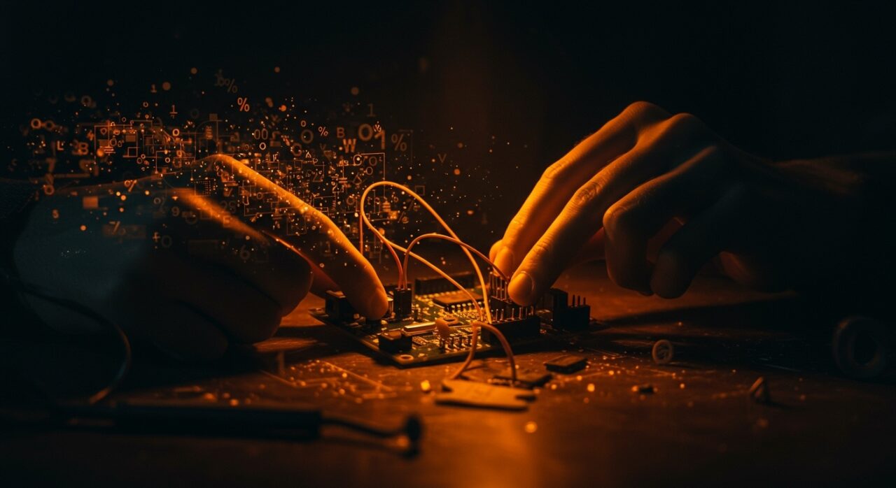 Manos ensamblando un prototipo de placa electrónica de hardware abierto, representando la historia y controversias de Arduino y la innovación tecnológica open source.