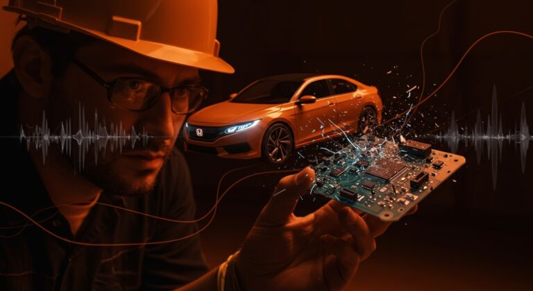Ingeniero analizando un circuito complejo con un modelo de coche Honda y ondas de audio fragmentadas, representando errores técnicos en proyectos de innovación tecnológica.