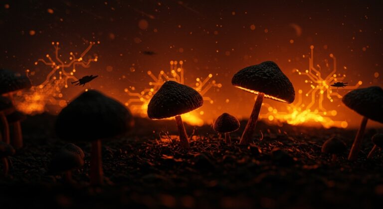 Hongos radiorresistentes de Chernobyl transformando radiación en energía, representando biotecnología y exploración espacial innovadora.