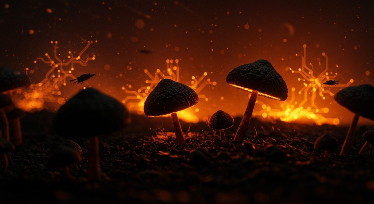 Hongos radiorresistentes de Chernobyl transformando radiación en energía, representando biotecnología y exploración espacial innovadora.