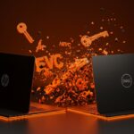 Laptops HP y Dell iluminadas en naranja y negro, simbolizando la desactivación del soporte HEVC y su impacto en startups y tecnología de video.