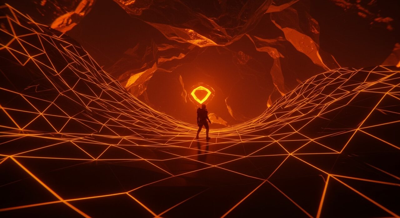 Paisaje digital hiperbólico y no euclidiano representando el juego roguelike HyperRogue con innovación tecnológica y geometría matemática.