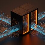 Data centers y IA representados con flujos de agua y redes neuronales, ilustrando el impacto ambiental y la sostenibilidad en infraestructura tecnológica.