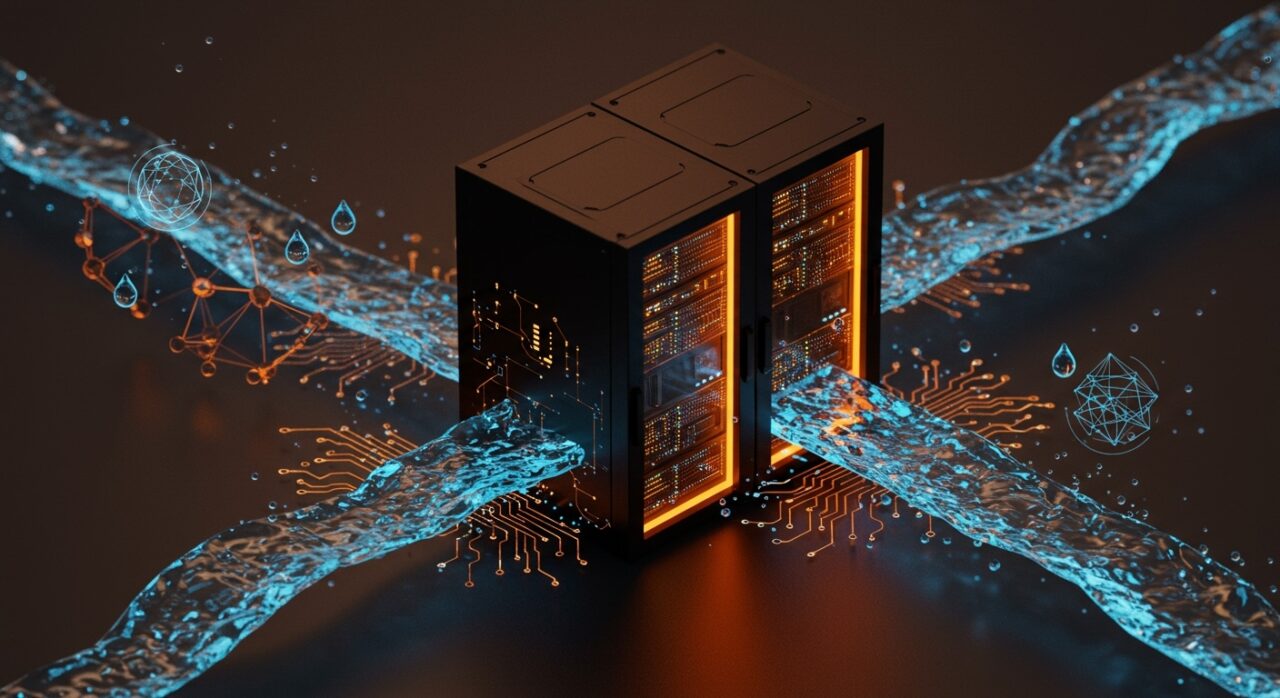 Data centers y IA representados con flujos de agua y redes neuronales, ilustrando el impacto ambiental y la sostenibilidad en infraestructura tecnológica.