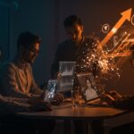 Ingenieros trabajando en automatización con inteligencia artificial aplicada en salud, acelerando el acceso a terapias críticas en startups tecnológicas.