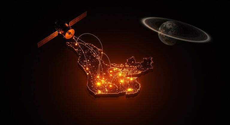 Satélite con IA aplicada detectando depósitos de litio en Quebec, ilustrando innovación tecnológica en exploración minera y sostenibilidad.