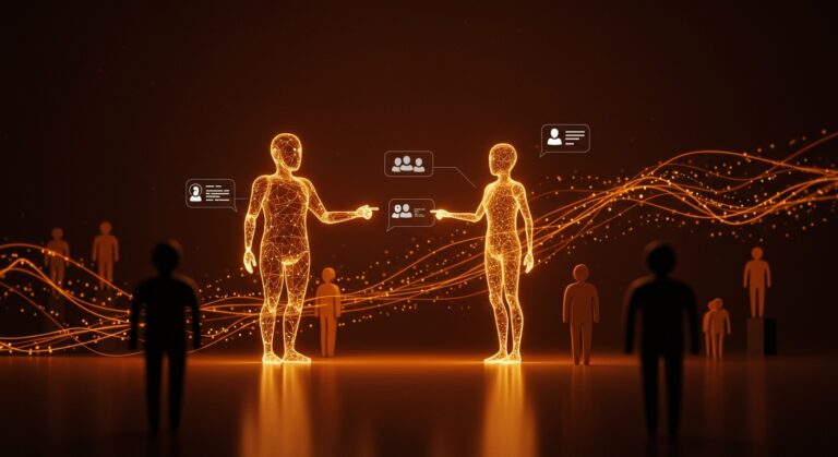 Chatbot futurista interactuando con humanos representando IA y bienestar humano en startups LATAM con ética y benchmark innovador.