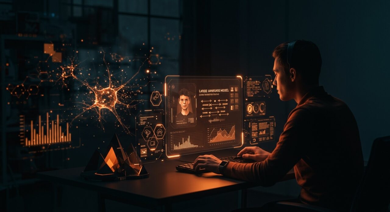 Experto supervisando interfaz digital futurista con monitoreo de IA observable y SRE para modelos de lenguaje grandes confiables y escalables en startups tech.