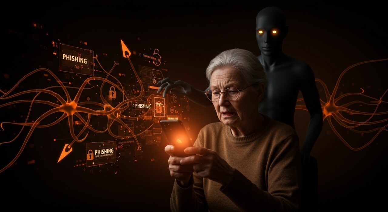 Adulto mayor vulnerable a ataques de phishing facilitados por inteligencia artificial y jailbreaking, en contexto de seguridad digital y fraude.