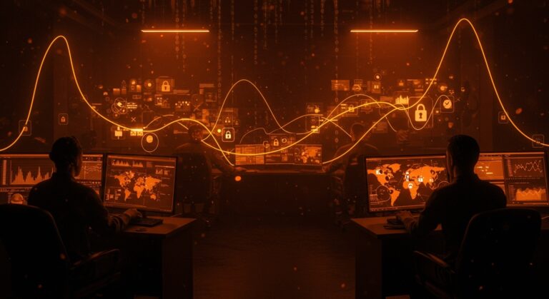 Vigilancia migratoria de ICE con contratistas privados representada en una escena editorial con tonos naranja y negro destacando privacidad y datos sensibles.