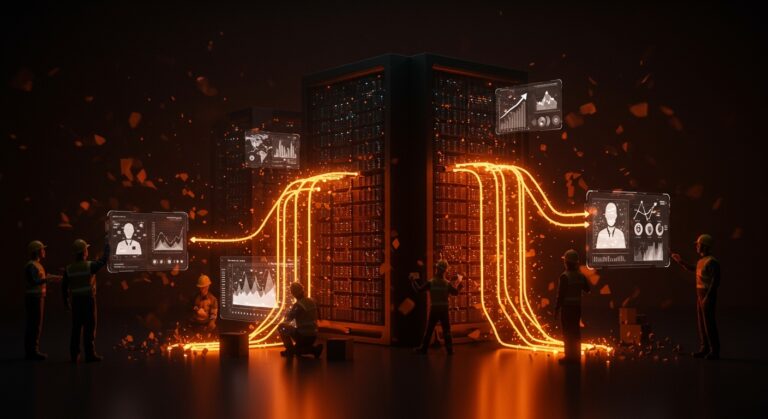 Centros de datos de Microsoft y Google en Chile con visualizaciones de empleo tecnológico e inversión extranjera en un ambiente moderno y contrastado.