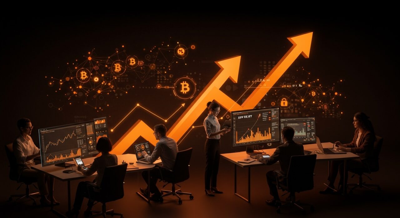 Emprendedores fintech y pymes colaborando con interfaces digitales que muestran el impacto del ETF de XRP en la nómina cripto y financiación regulada.