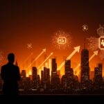 Impacto de la inteligencia artificial en la prosperidad y economía de Estados Unidos con representación digital y metáforas visuales de IA y automatización.