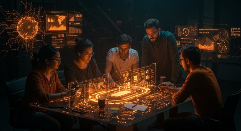 Equipo de startups colaborando con interfaces digitales que muestran inteligencia artificial y automatización en el ecosistema startup de LATAM.