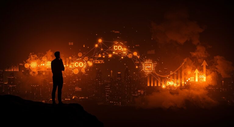 Impacto de la inteligencia artificial en emisiones de CO2 y sostenibilidad con visual de fundador frente a red neuronal y moléculas de carbono en ciudad digital.