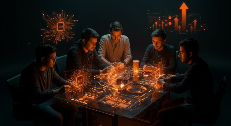 Fundadores de startups tecnológicas en LATAM colaborando con inteligencia artificial y digitalización en un entorno futurista.