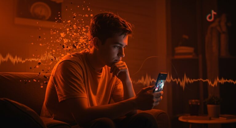 Impacto de videos cortos en la cognición y salud mental con metáforas visuales de atención fragmentada y bienestar psicológico en entorno digital.