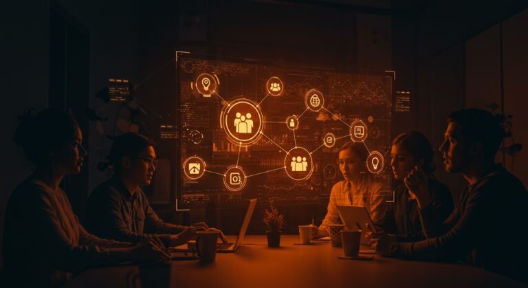 Fundadores colaborando con un interface digital que muestra middlemen y coordinación en la economía digital, resaltando innovación y emprendimiento.