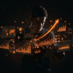 Fundador de startup analizando impacto fiscal y riesgo financiero con gráficos y símbolos de impuestos sobre ganancias de capital en un entorno tecnológico.