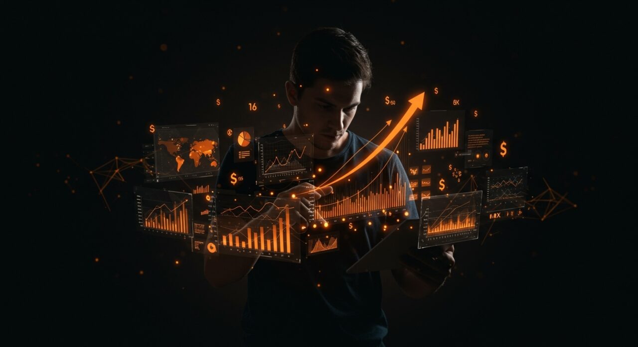 Fundador de startup analizando impacto fiscal y riesgo financiero con gráficos y símbolos de impuestos sobre ganancias de capital en un entorno tecnológico.