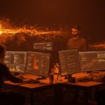 Equipo de desarrolladores trabajando con modelos de difusión y código, simbolizando innovación en startups de tecnología con apoyo financiero.