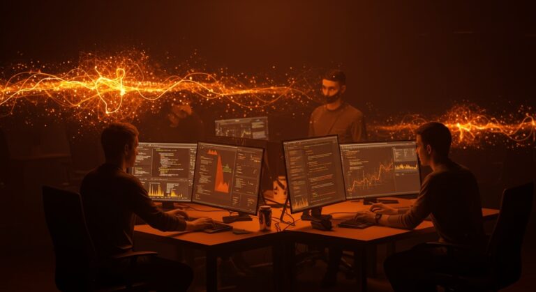 Equipo de desarrolladores trabajando con modelos de difusión y código, simbolizando innovación en startups de tecnología con apoyo financiero.