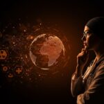 Médico extranjero contemplando un globo digital que representa la salud global y la inmigración en EE. UU., en contexto de mercado laboral y talento internacional.