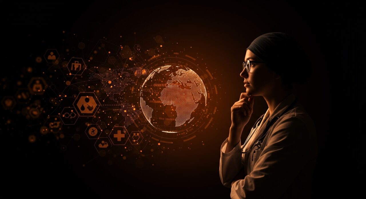 Médico extranjero contemplando un globo digital que representa la salud global y la inmigración en EE. UU., en contexto de mercado laboral y talento internacional.