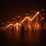 Innovación y crecimiento económico en Europa representados mediante un fundador tecnológico observando un paisaje digital con metáforas visuales de regulación y competitividad.