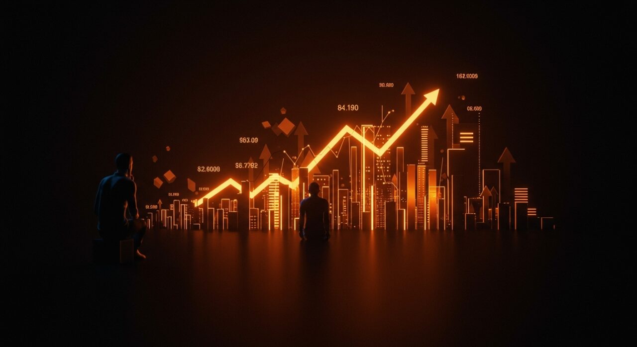 Innovación y crecimiento económico en Europa representados mediante un fundador tecnológico observando un paisaje digital con metáforas visuales de regulación y competitividad.